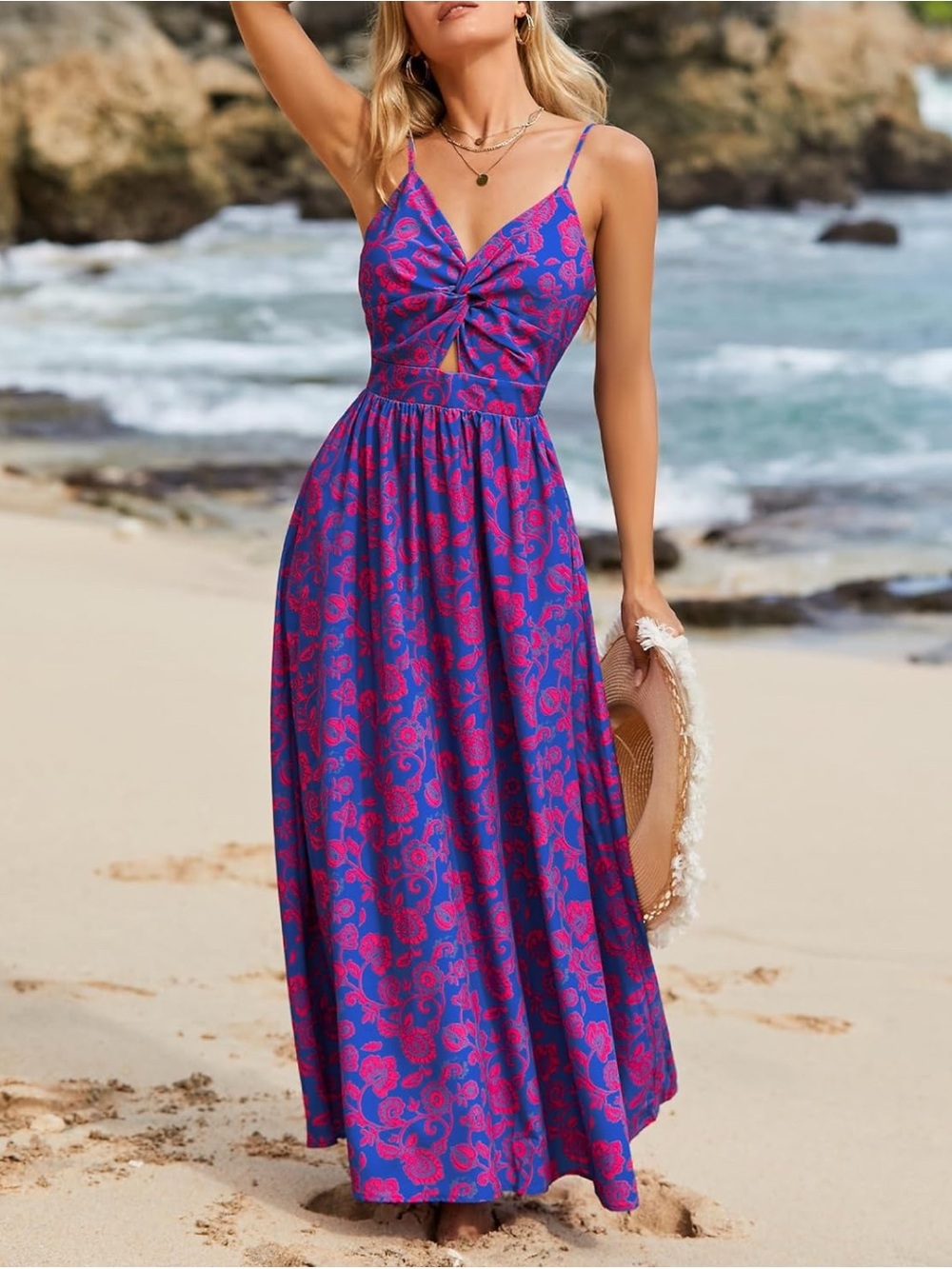 Cupshe Blue Maxi Dress with Pink Floral Print